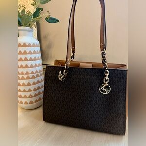 Michael Kors Dark Brown MK Logo Tote with Gold and Tortoise Shell Accents